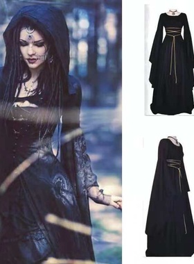 欧美外贸亚马逊舞台表演装万圣节服装巫师派对黑色绑带女巫服饰