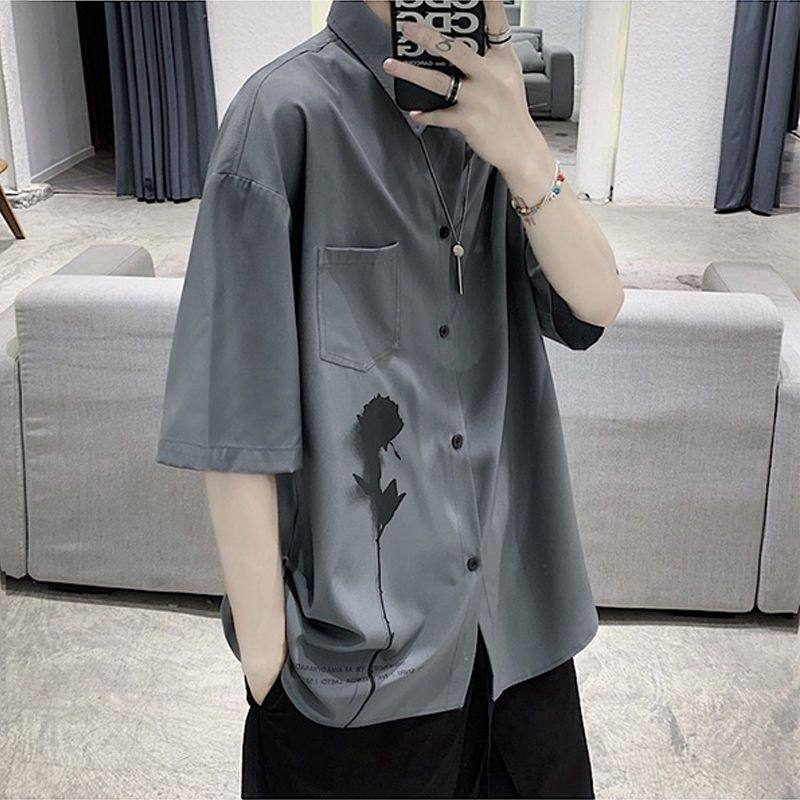 短袖衬衫男ins港风五分袖衬衣韩版潮流痞帅寸衫百搭夏季薄款外套