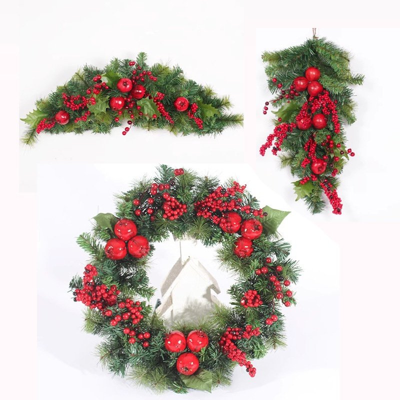 60cm金色红色倒挂树圣诞花环圣诞节装饰品场景布置道具花圈门挂
