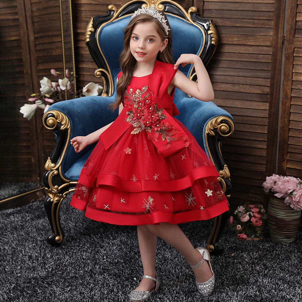 跨境圣诞节儿童礼服裙女童公主连衣裙中大童红色小主持人表演