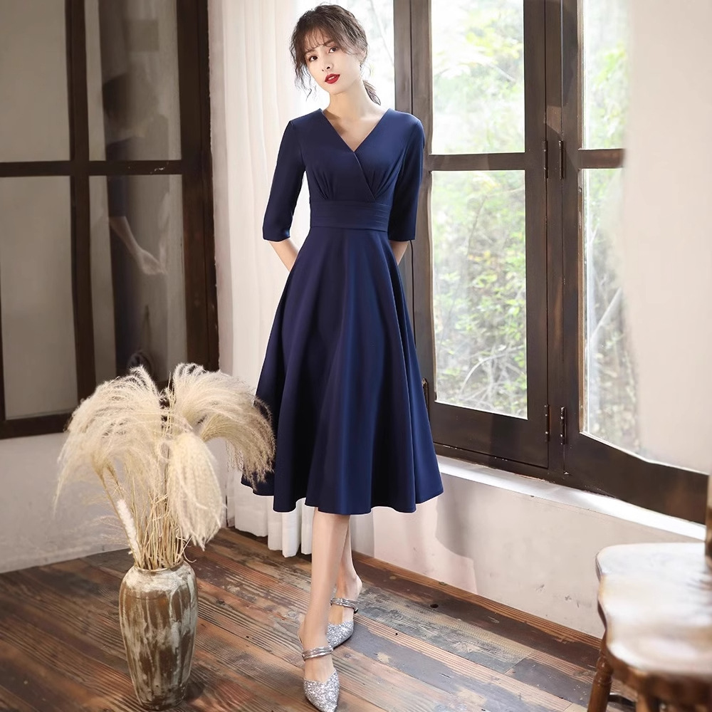 蓝色晚礼服女2025新款时尚优雅深V平时可穿气质宴会高级感主持裙