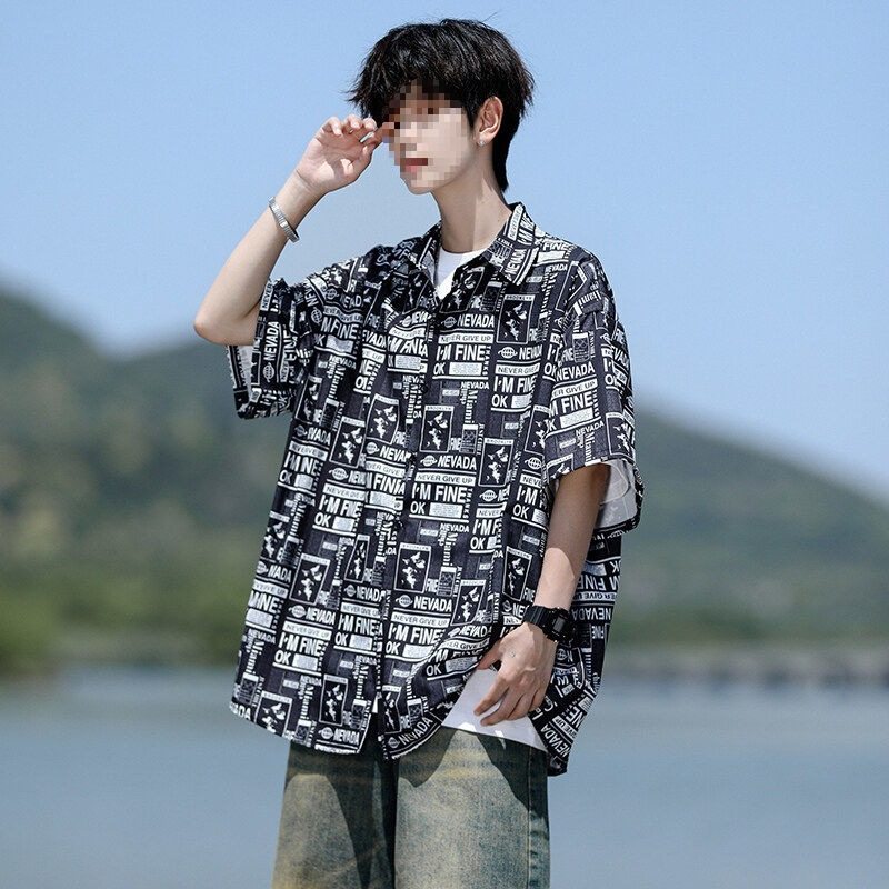 冰丝花衬衫男短袖感痞帅五分袖衬衣夏季加肥加大码沙滩外套男
