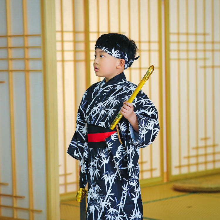 儿童和服男 日本小孩和服黑色白竹子5-12岁和服正装 表演服
