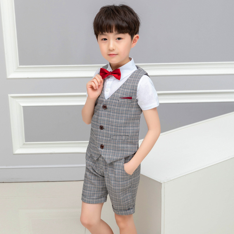 夏季新款童装男童西装马甲三件套格子演出套装六一儿童表演礼服