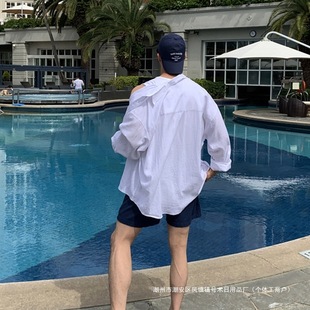 感上衣宽松夏季 男青年韩版 薄款 男士 纯色长袖 衬衫 亚麻衬衣衬衫