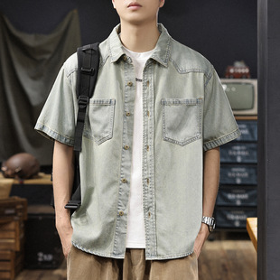 男2025夏季 工装 新款 短袖 衬衣 男士 凉感天丝水洗复古怀旧牛仔衬衫