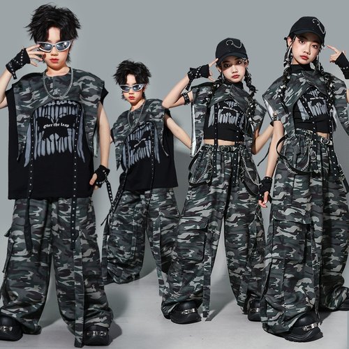 儿童hiphop街舞演出服嘻哈男童迷彩套装女童爵士舞服装男孩