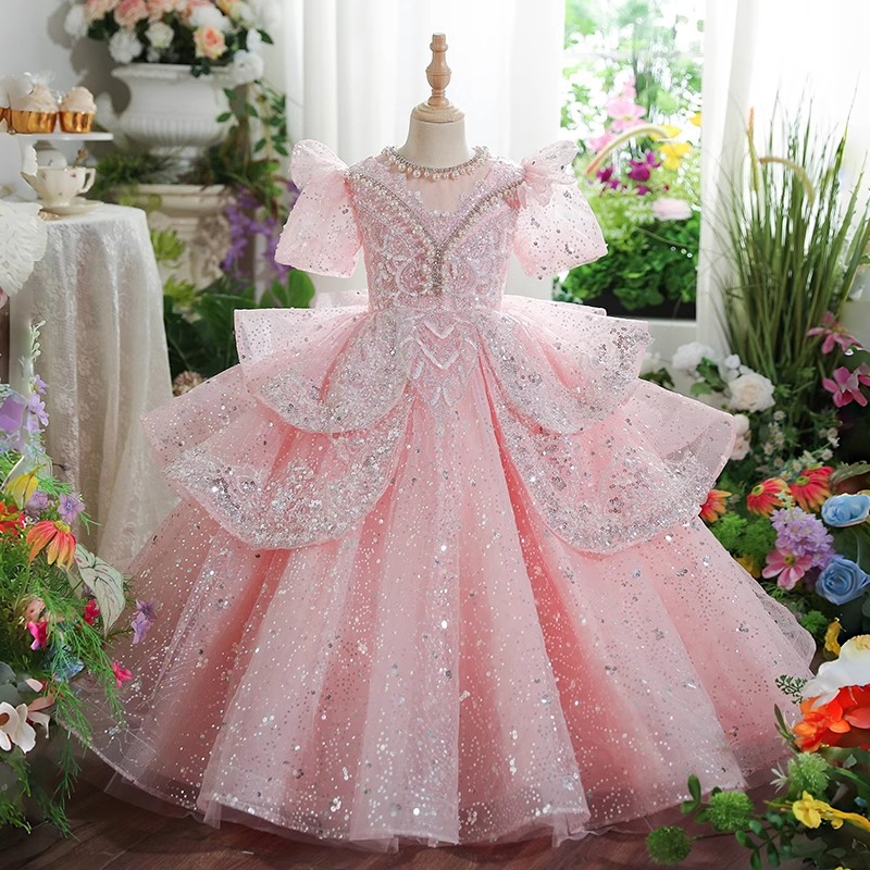 儿童礼服高端轻奢小众粉色生日公主裙女童主持人钢琴比赛演出