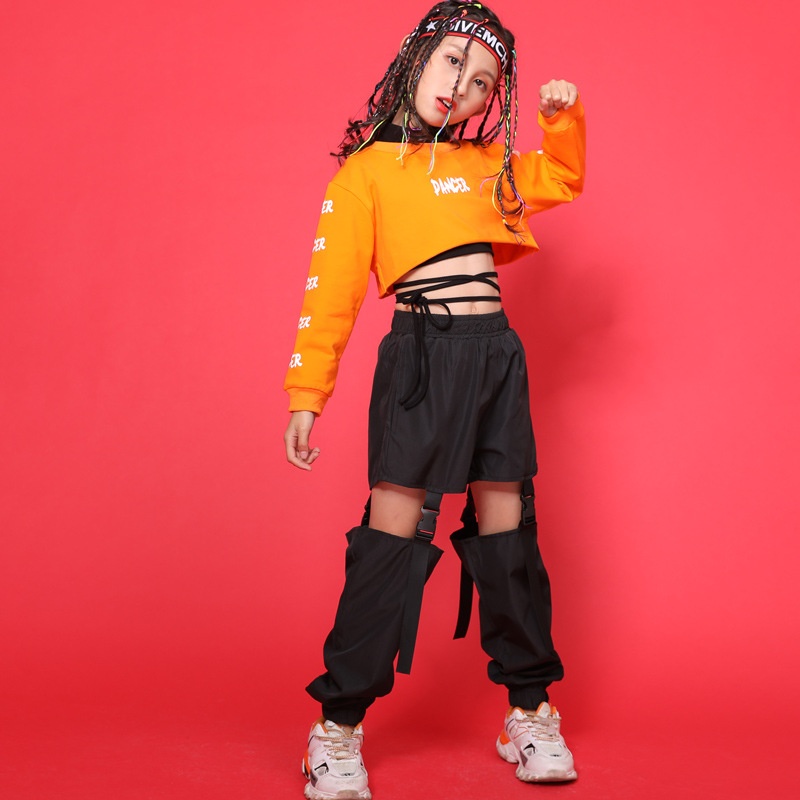 爵士舞服女童hiphop街舞春秋季女孩露脐儿童演出服套装时尚