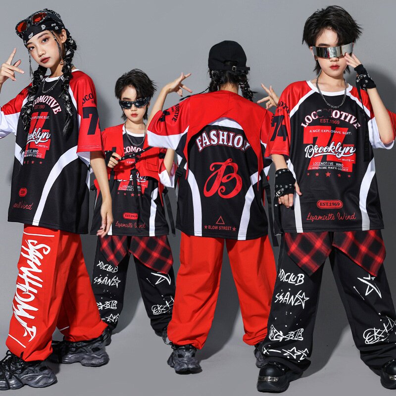 儿童街舞红色演出服男童hiphop嘻哈马甲套装少儿架子鼓服装女童