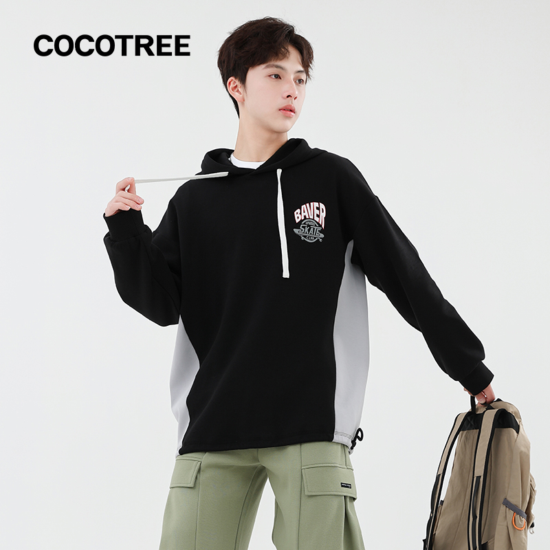 COCOTREE棵棵树春秋新款男大童拼色印花连帽卫衣学生潮流套头衫