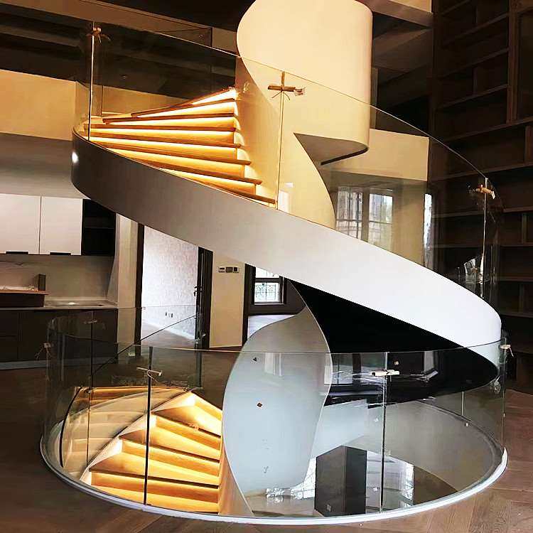 深加工定制玻璃别墅圆弧楼梯结构造型园形拦杆扶手可弯曲的栏杆厂