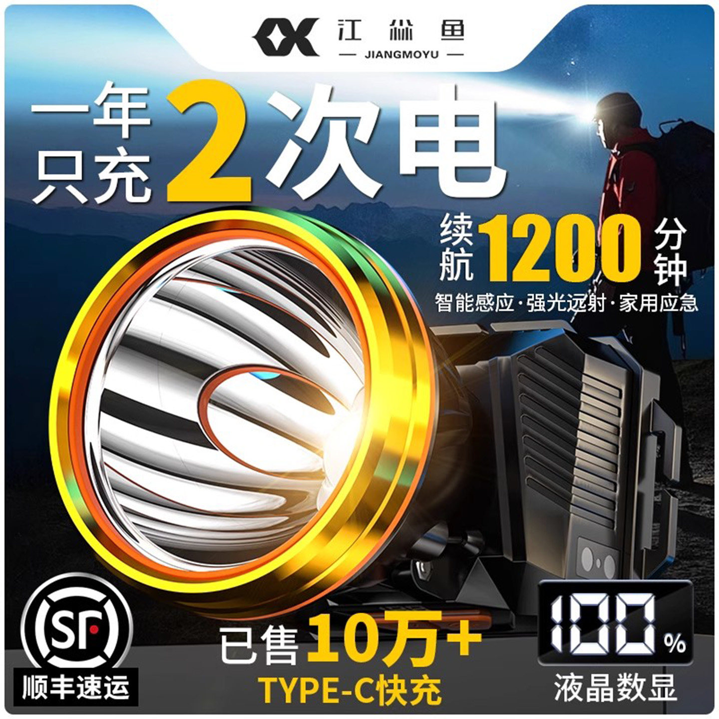 头灯2025新款强光超亮充电矿灯头戴式照明灯户外登山感应钓鱼专用