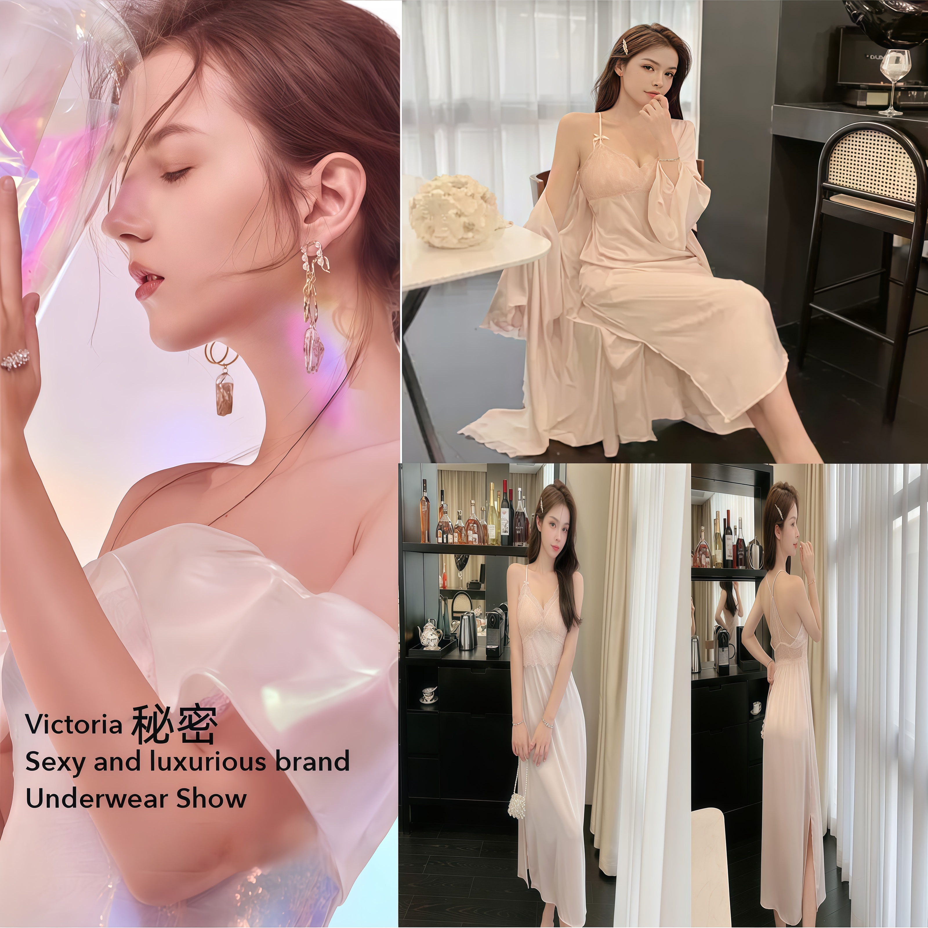 性感睡衣女春夏冰丝带胸垫蕾丝纯欲风吊带睡裙两件套美背长款睡袍