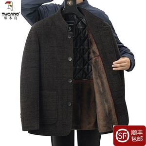 啄木鸟新款秋冬季毛呢夹克中老年男装爸爸外套冬装加绒加厚外套