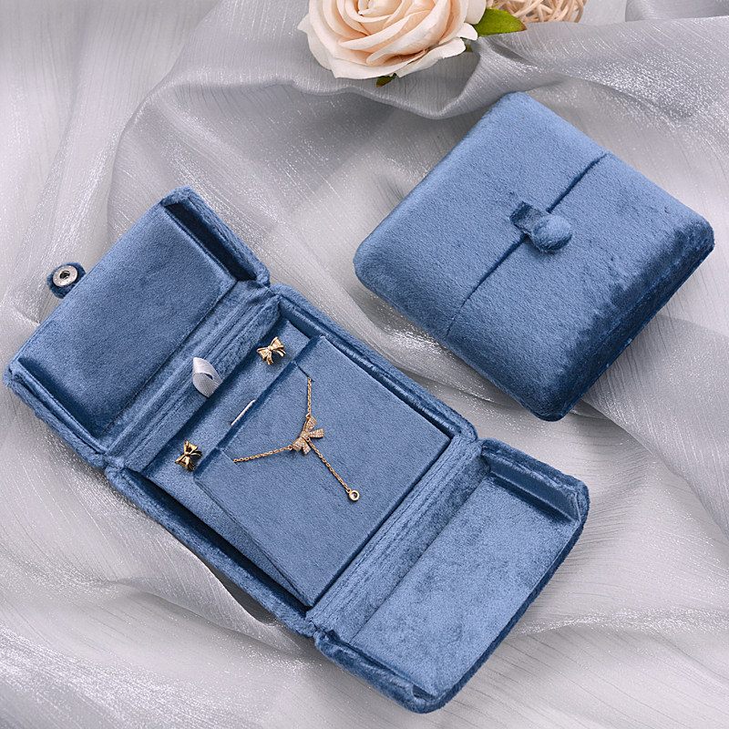 丝绒雾蓝双开首饰盒戒指盒 耳钉项链手镯手链包装盒珍珠项链盒