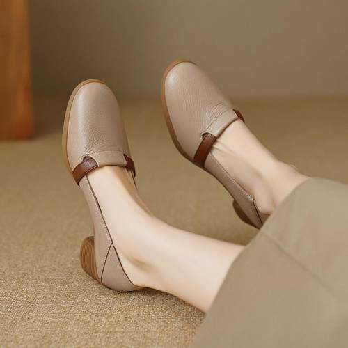 法式优雅~复古粗跟浅口单鞋女软皮软底圆头高跟乐福鞋小皮鞋5cm