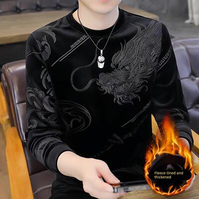 高端金丝绒男士长袖t恤冬季加绒加厚圆领打底衫潮牌印花卫衣男潮