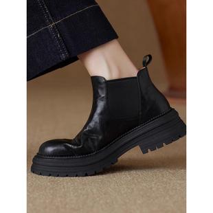 短靴平底圆头切尔西靴4.5cm 真皮厚底马丁秋冬女式 高岩街 英伦风格