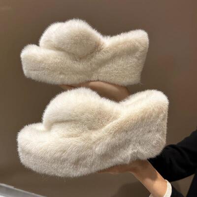 英国DHWA松糕增高坡跟厚底毛毛拖鞋女外穿秋冬棉拖鞋女士毛绒