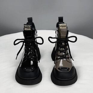 真皮加绒炸街短靴 英伦风亮皮网红爆款 厚底马丁靴女款 2024秋冬新款