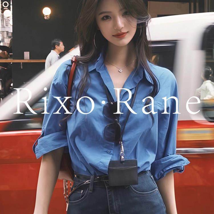法国Rixo Rane 港风复古蓝色长袖衬衫女polo翻领衬衣宽松气质上衣