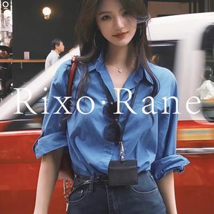 衬衫 港风复古蓝色长袖 女polo翻领衬衣宽松气质上衣 Rane 法国Rixo