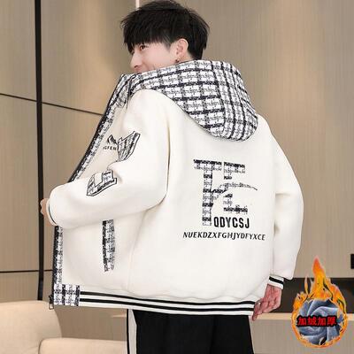 青少年保暖连帽格子外套2025冬季新款加绒加厚夹克男潮牌冬装棉衣