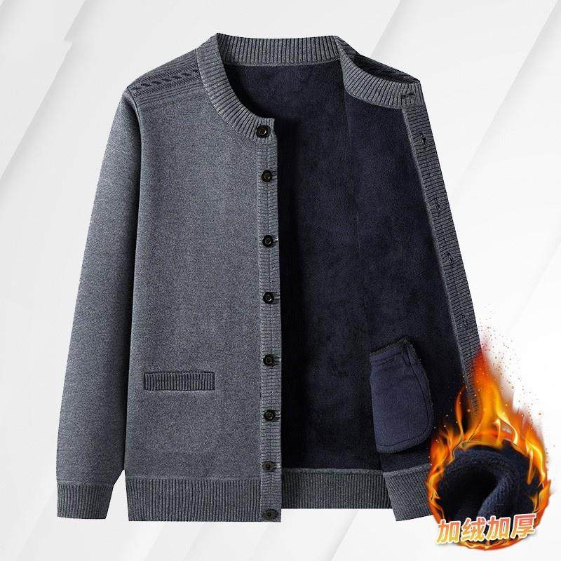 秋冬季爸爸装加绒加厚针织衫毛衣开衫中老年男人外套上衣保暖内衣