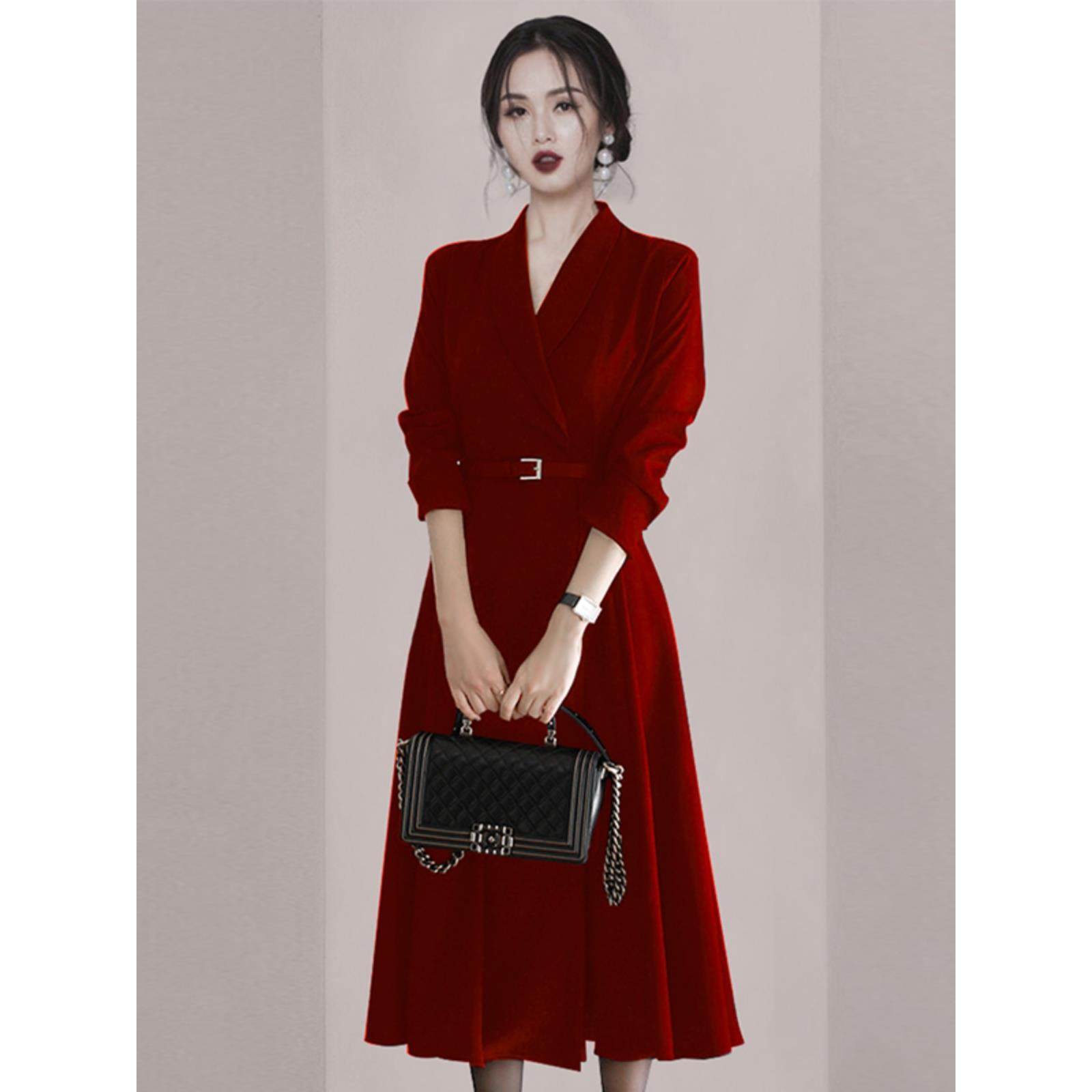 Ocnltiy气质职业西装裙春秋时尚女装修身收腰宴会礼服长款连衣裙