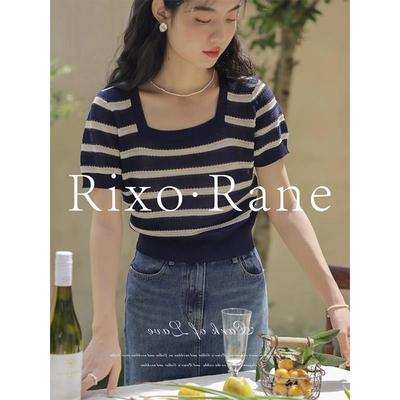 法国Rixo Rane敲舒适?法式条纹方领针织衫正肩冰丝显瘦短袖t恤女