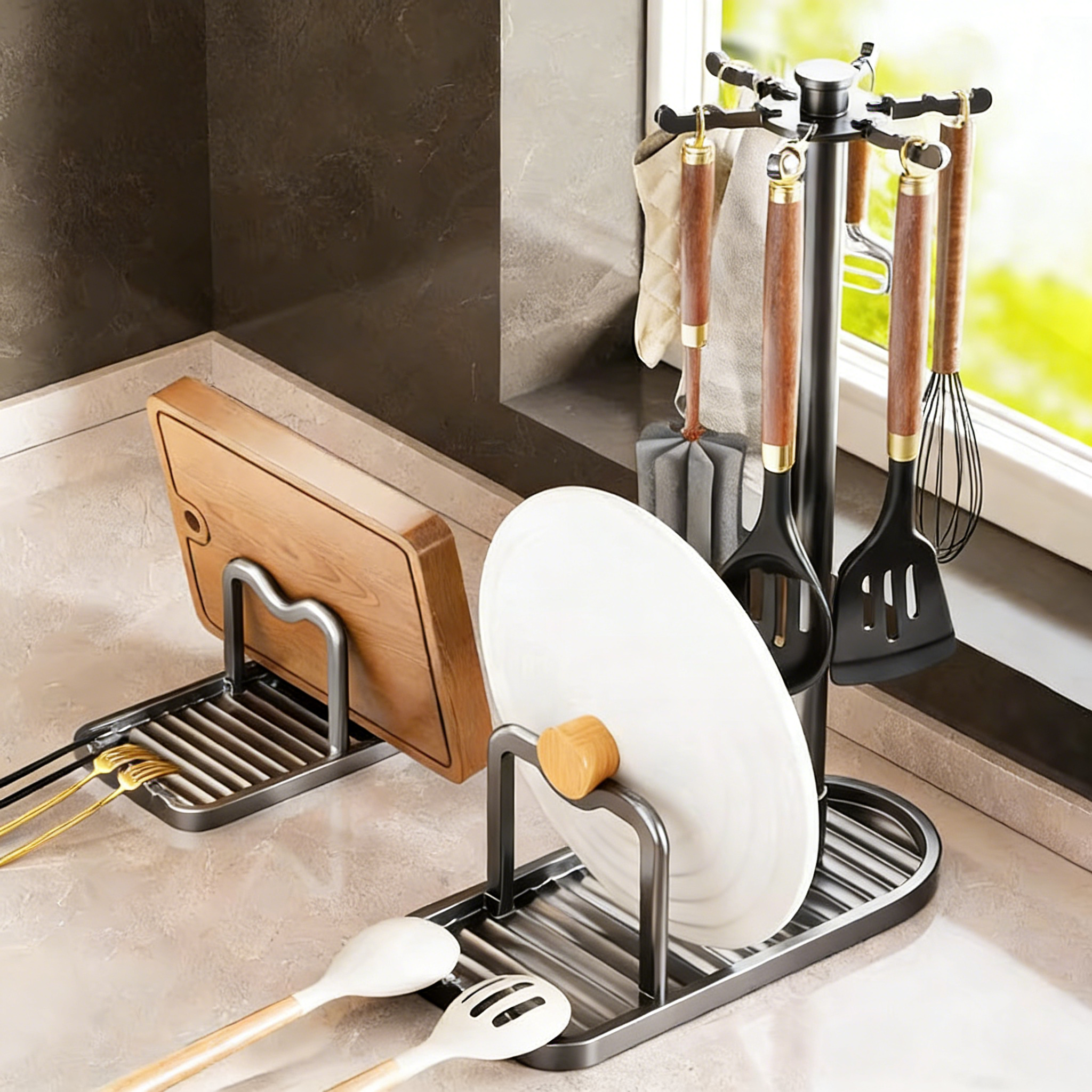 台面旋转挂钩锅铲锅盖菜板架厨房置物架多功能桌面勺子铲子收纳架,厨房/烹饪用具,锅盖架/锅盖收纳垫,淘宝优惠券,粉丝福利购,淘宝优惠卷