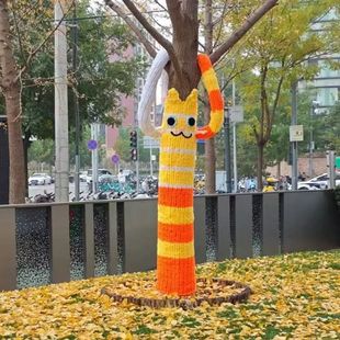 秋冬日城市树木毛衣装饰新年元旦创意大树毛衣布置街道网红拍照点