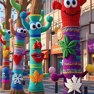 冬日城市树木毛衣卡通装饰新年元旦节日创意布置大树新衣编织成品