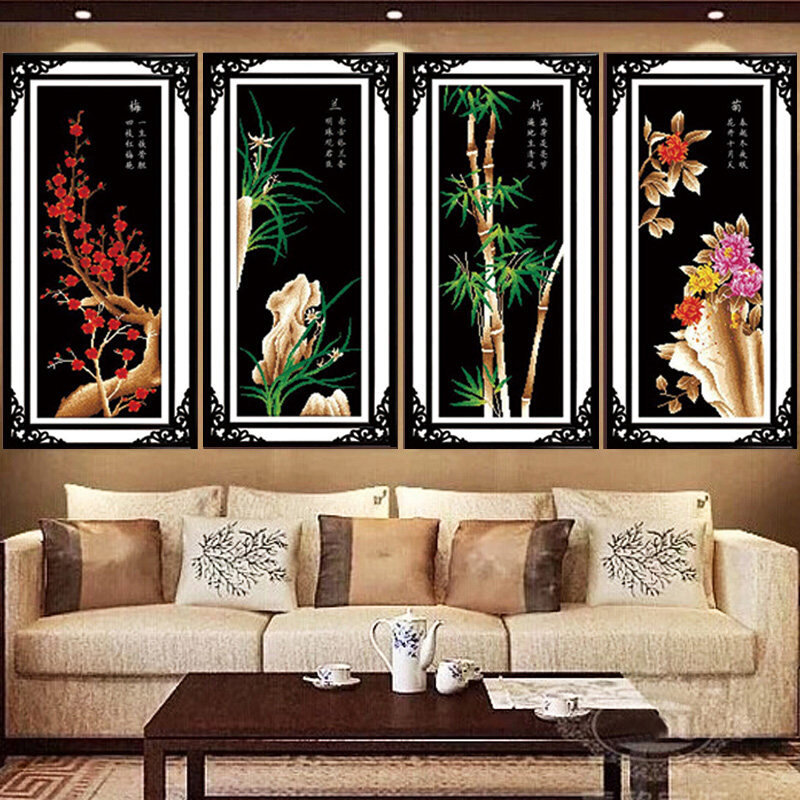 十字绣成品 梅兰竹菊四君子 新款客厅书房办公室大幅纯手工绣好的