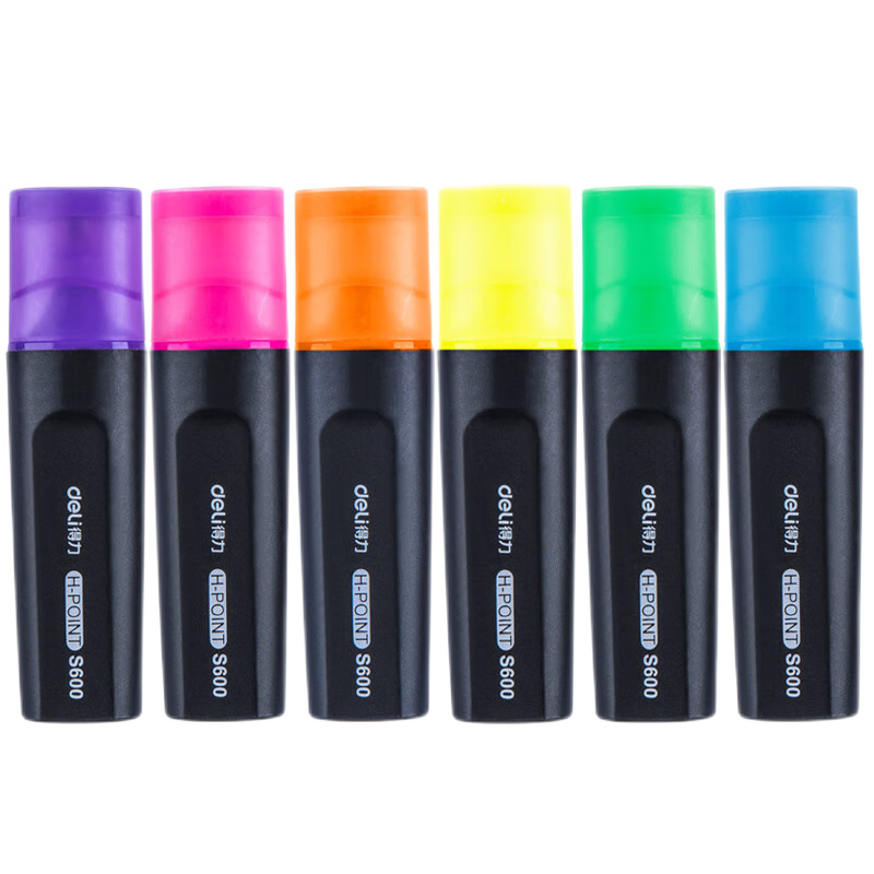 得力S600荧光笔彩色醒目标记笔扁粗头红橙黄绿蓝紫6色套装学生用糖果色粗划重点知识标注日常办公记号笔鲜艳