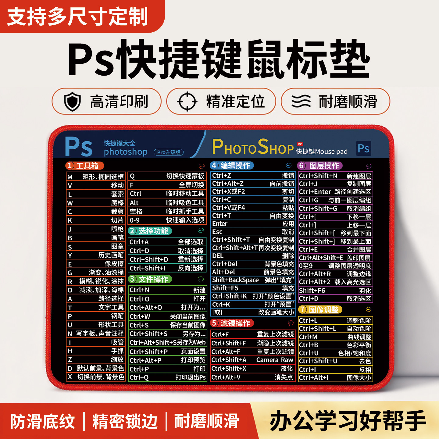 PS快捷键鼠标垫 超大加厚 绘图设计大号小号防滑全锁边电脑桌垫子