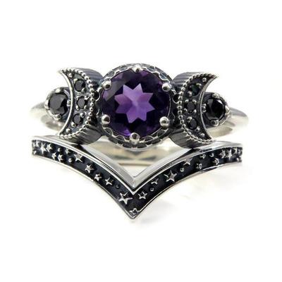 Hecate Triple Moon Ring Set Amethyst or Red Crystal Wedding