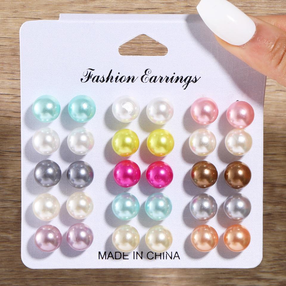 Colored earrings temperament pearl earrings set of 15 pieces