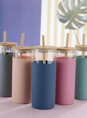 Wooden Lid Glass Water Bottle With Straw Single-Wall