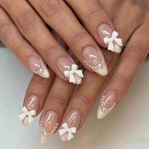 24pcs Short Almond Press on Nails White French Pearl Bow Des