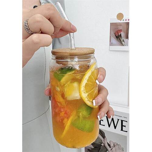 Drinking Glasses with Bamboo Lids and Glass Straw - 16oz