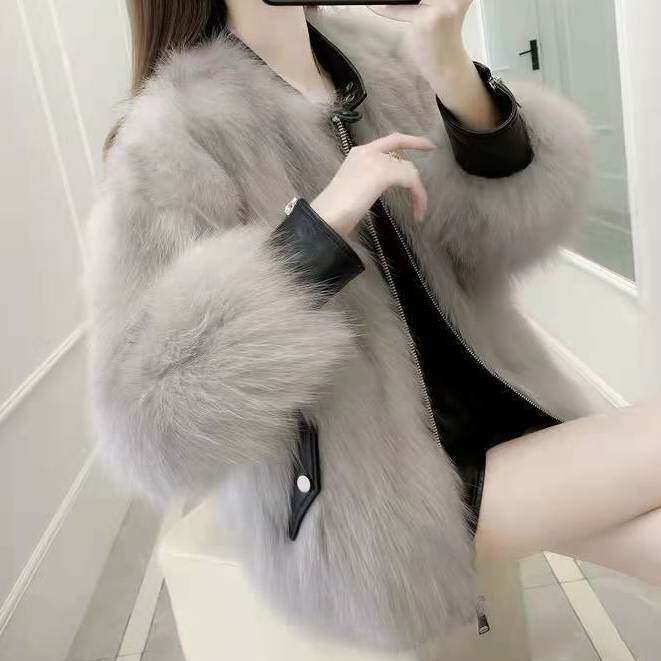 网红皮草外套女2025冬季新款韩版仿狐狸毛短款PU皮拼接海宁大衣潮