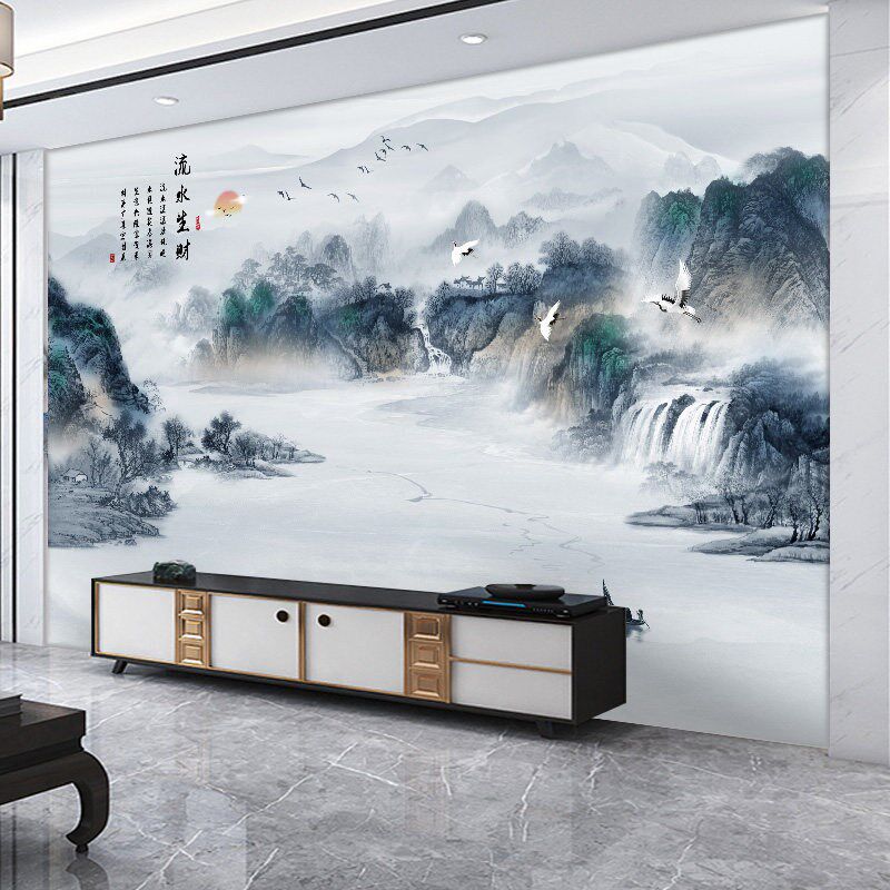 新中式8d电视背景墙壁纸水墨山水画墙纸客厅海纳百川壁画茶室墙布