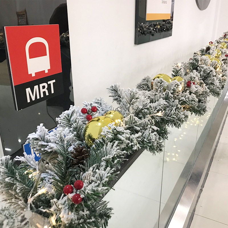 圣诞节装饰品白色落雪植绒藤条加密松针藤圈商场橱窗大门布置挂件