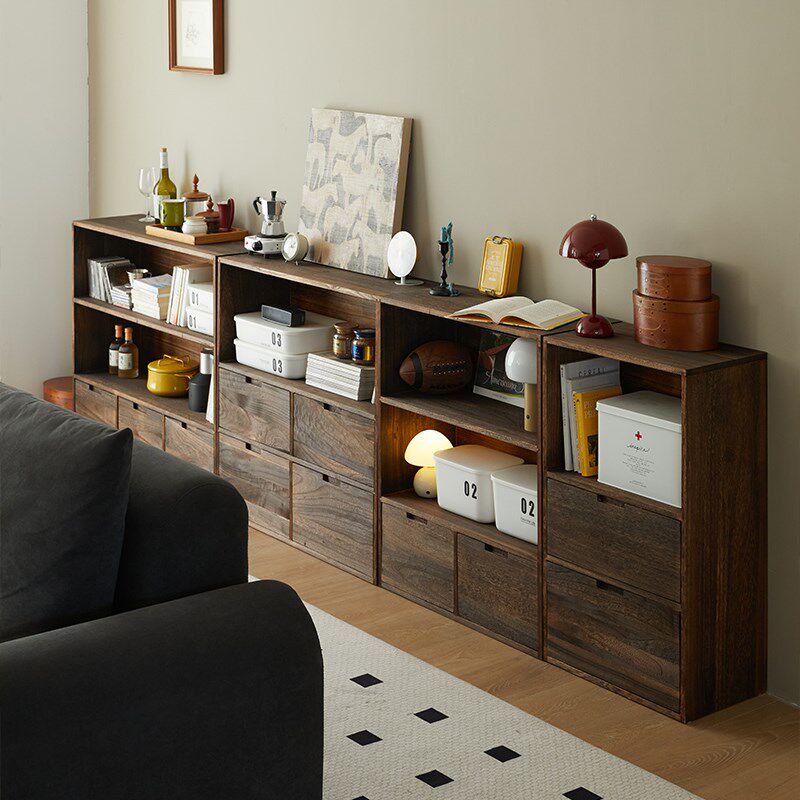 实木书架落地矮柜组合储物柜复古餐边柜客厅玄关柜靠墙一体展示柜