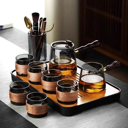竹节玻璃茶具套装家用客厅办公室会客高档轻奢茶壶茶杯茶盘茶道