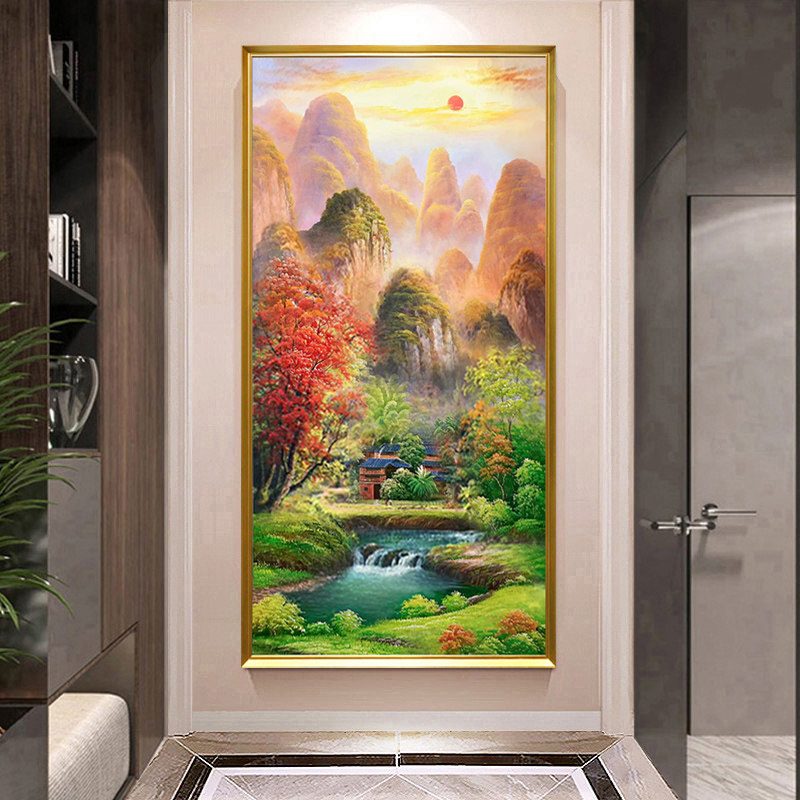 手绘油画新中式玄关装饰画竖版走廊过道挂画壁画风景画桂林山水
