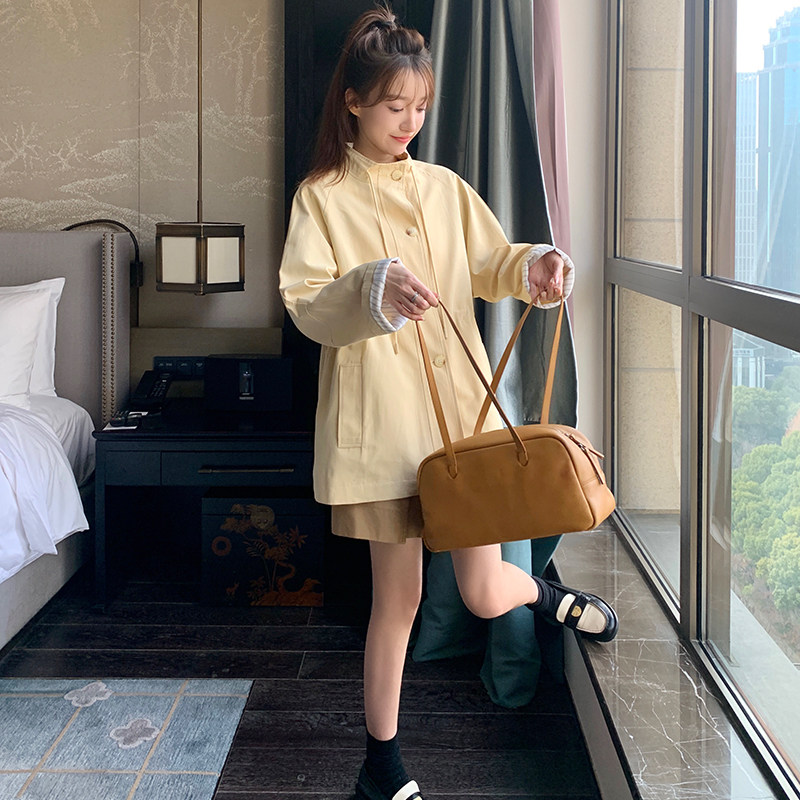 黄色工装风衣外套女春秋2024新款韩系宽松小个子抽绳收腰显瘦夹克,女装风衣,浙宝192（原082）