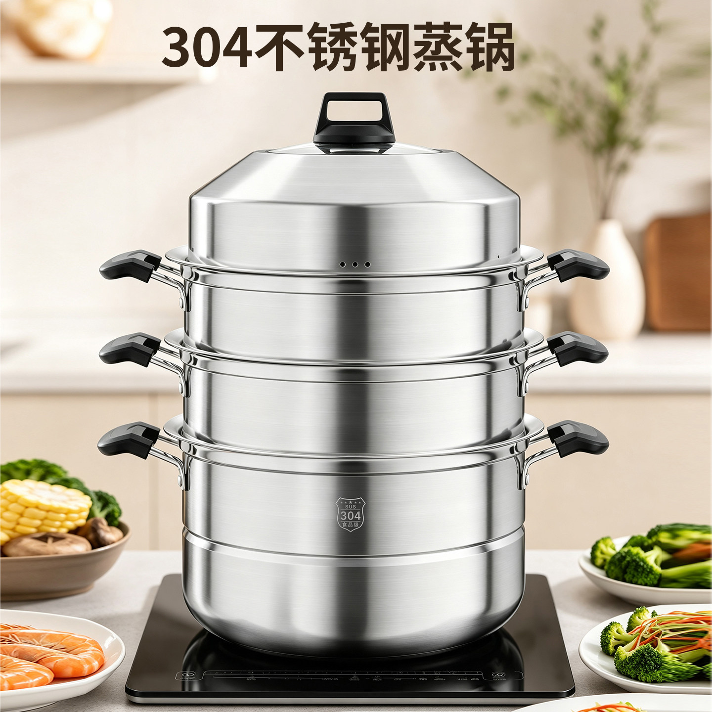 304不锈钢蒸锅加厚家用蒸笼屉三多层加大容量蒸煮炖电磁炉多功能
